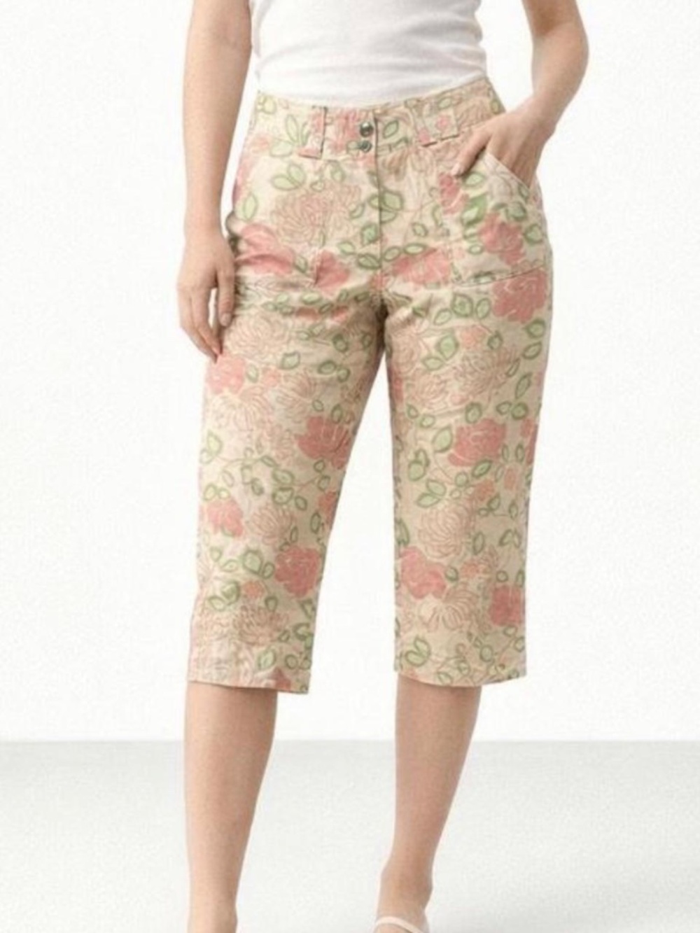 100% Linen Floral Print Wide Leg Capri Pants Pastel Pink & Green Floral Size 6